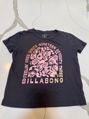 Girls Billabong Black Tee with Pink-to-Peach Floral Arch Graphic size M